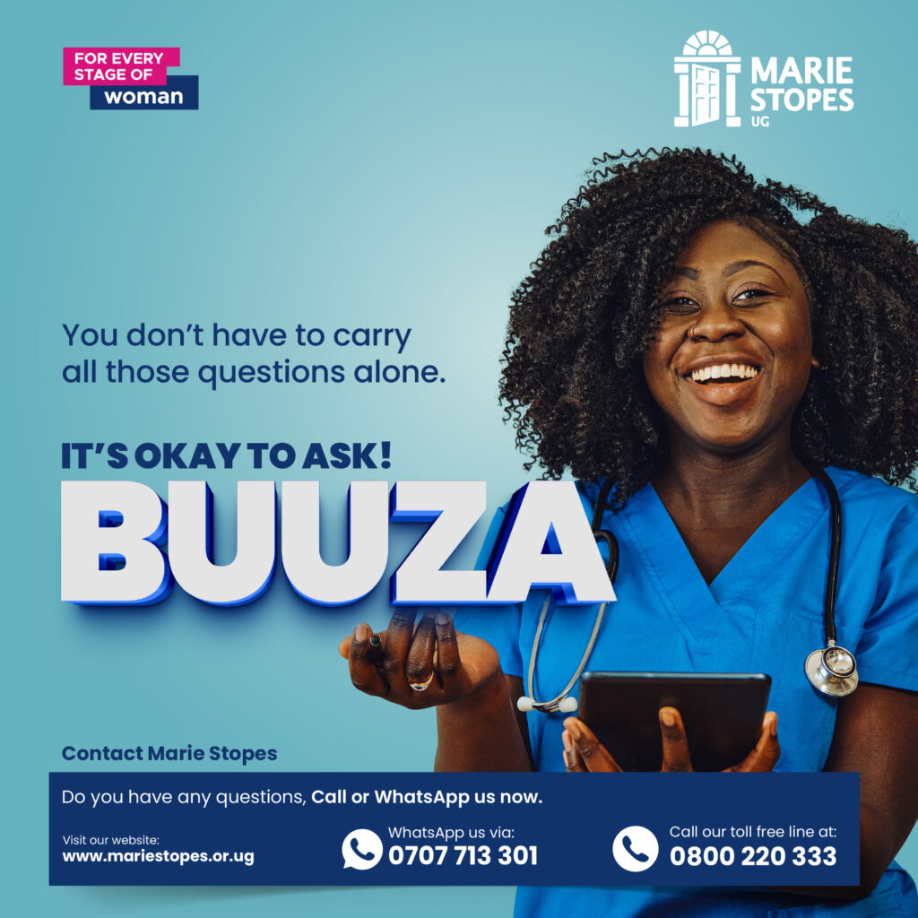 Marie Stopes Uganda BUUZA Campaign promotional banner encouraging people to ask questions and seek reproductive health support.
