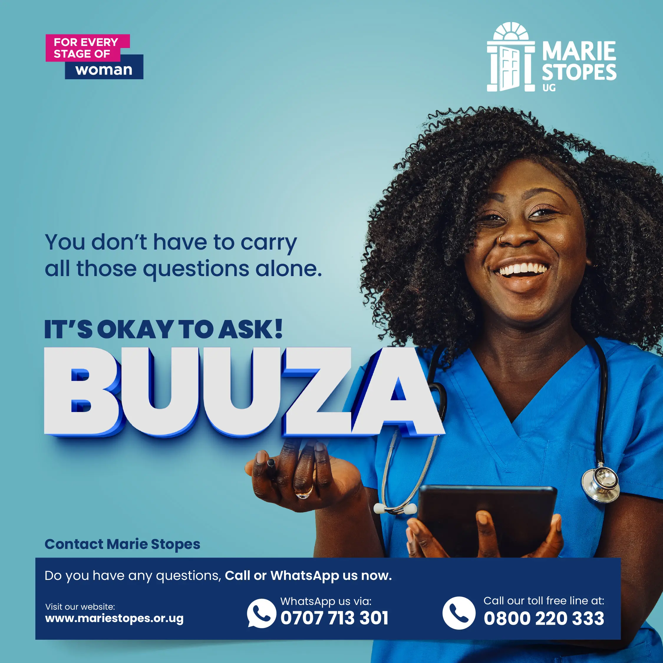 Marie Stopes Uganda BUUZA Campaign promotional banner encouraging people to ask questions and seek reproductive health support.