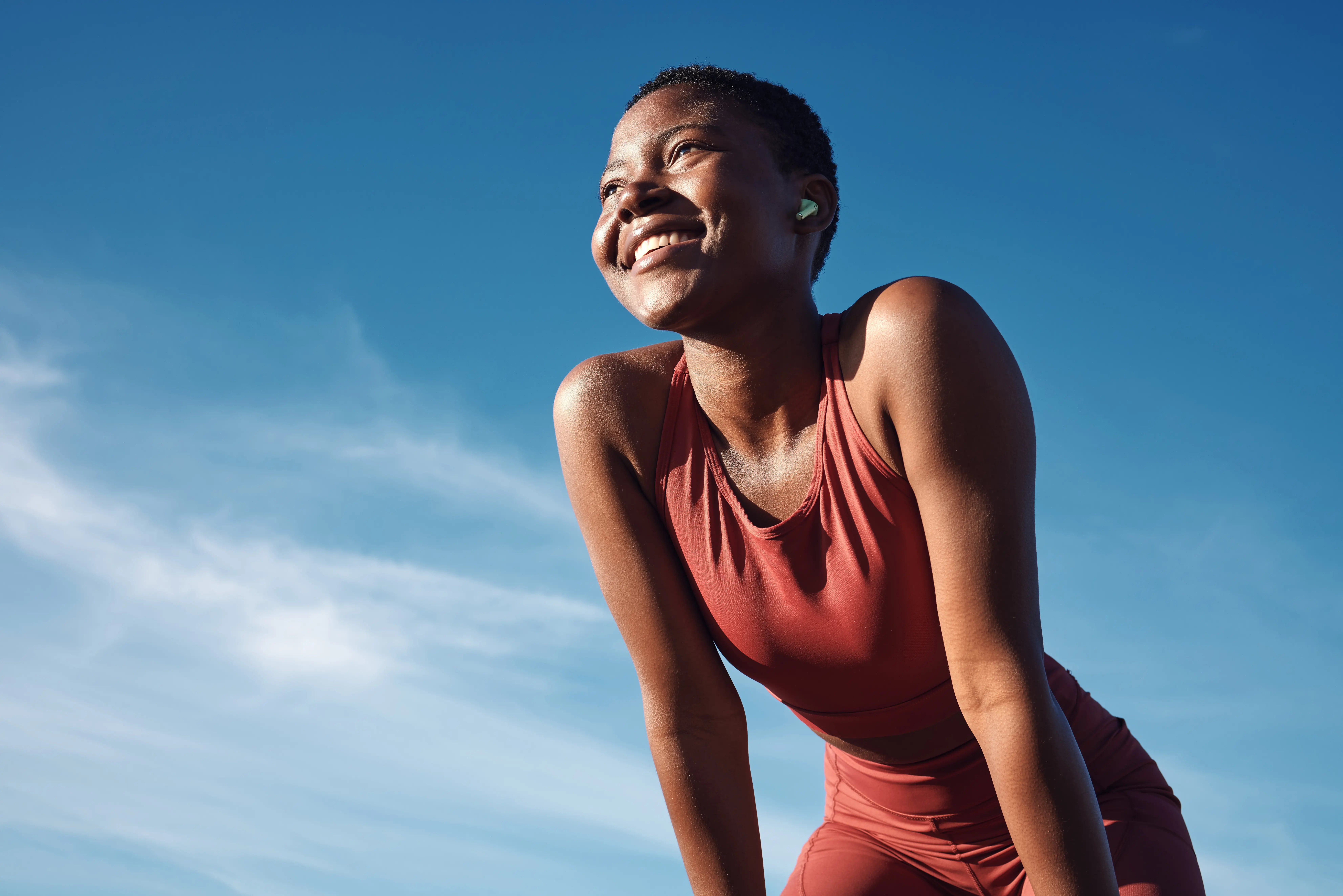 Fitness,,Black,Woman,And,Happy,Athlete,Smile,After,Running,,Exercise